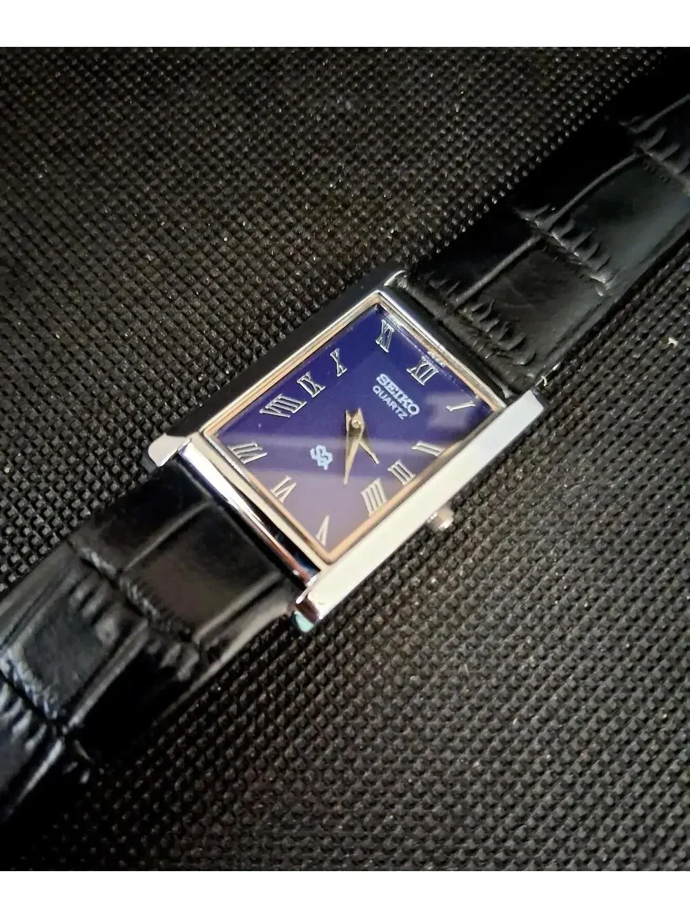 Men's Vintage Blue and Silver Tank Leather Watch RARE